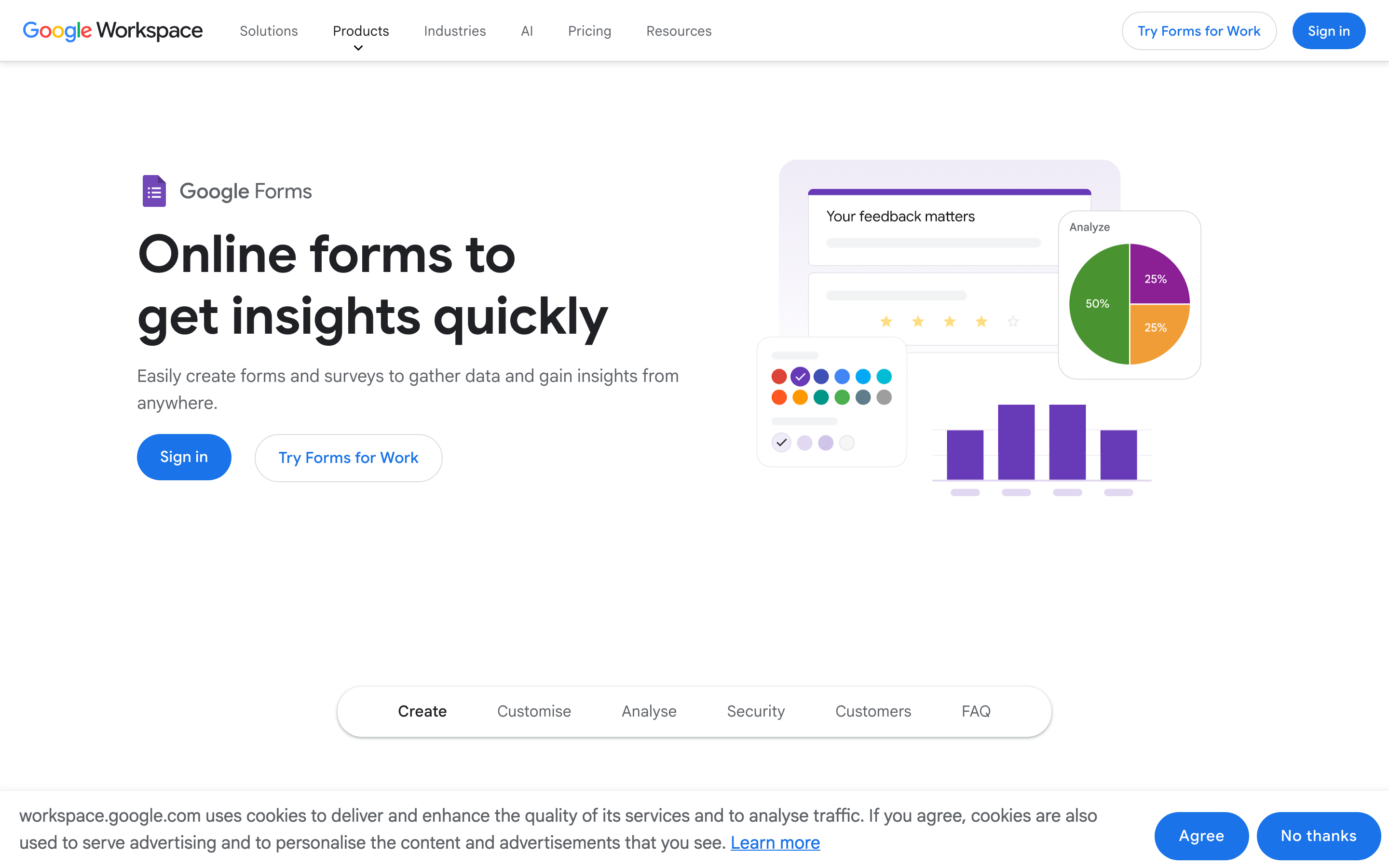 The Google Forms product page, the free and ubiquitous option for simple surveys.