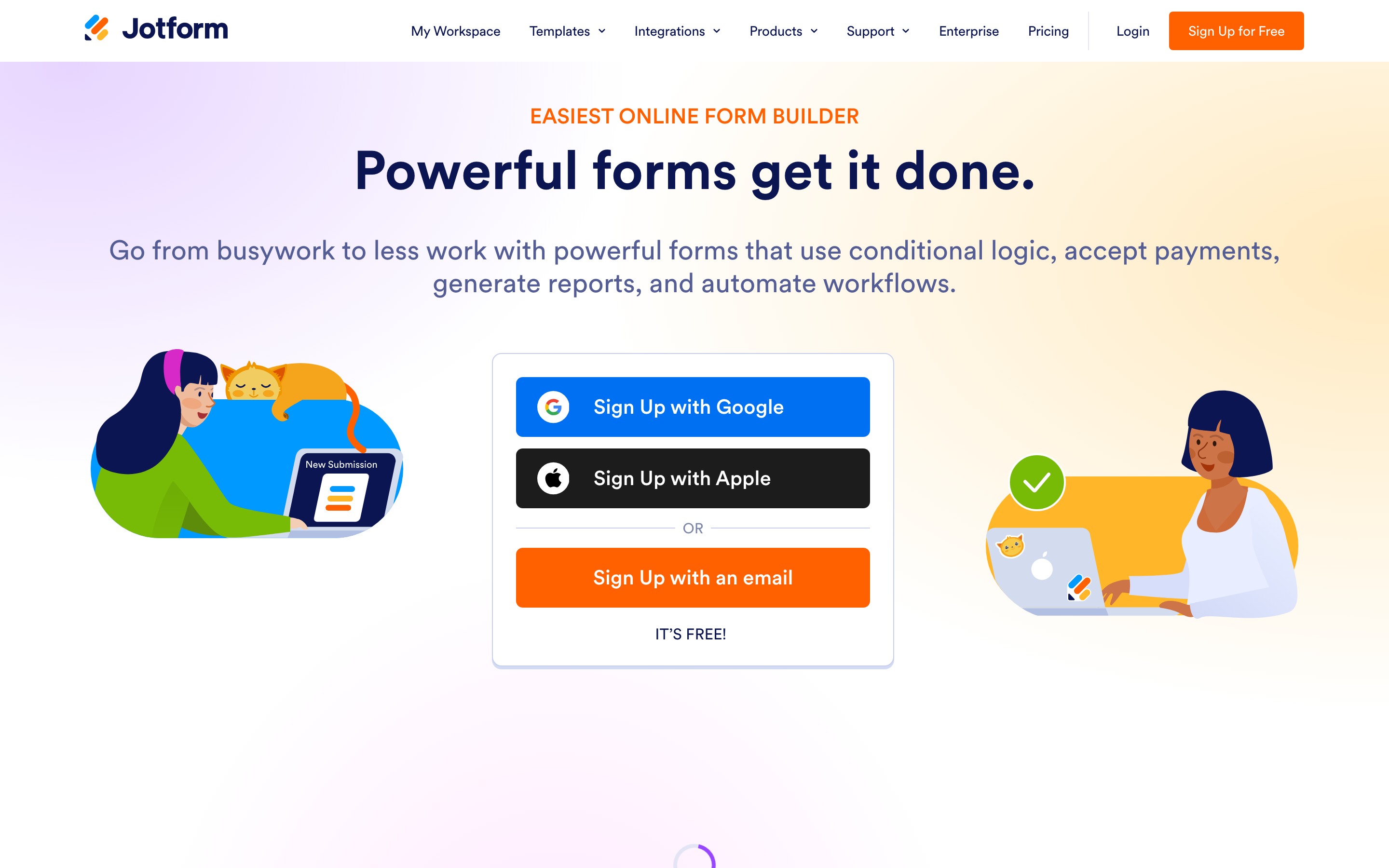 The JotForm landing page, the form builder with the largest template and integration library.