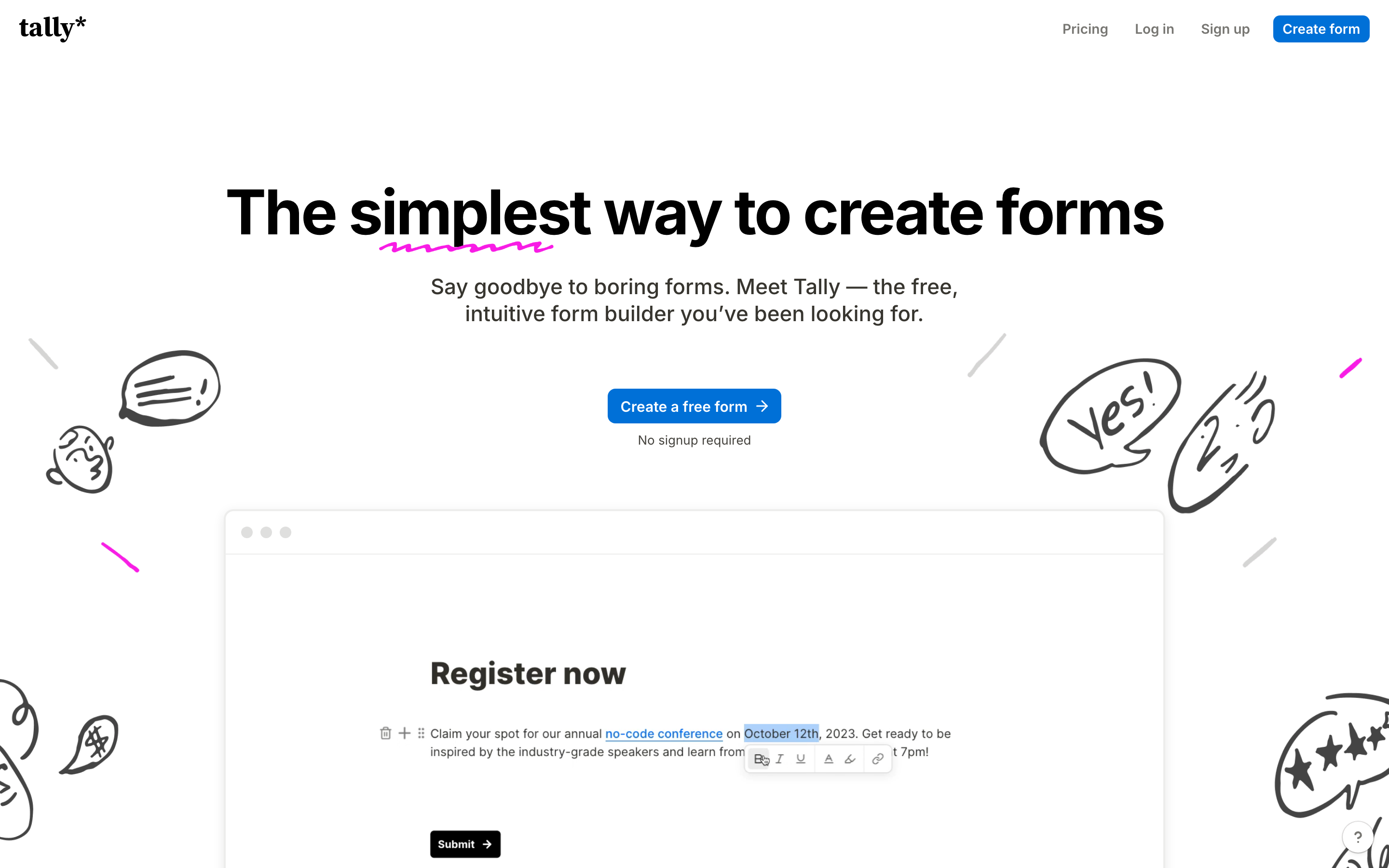 The Tally landing page, a form builder with an unusually generous free plan.