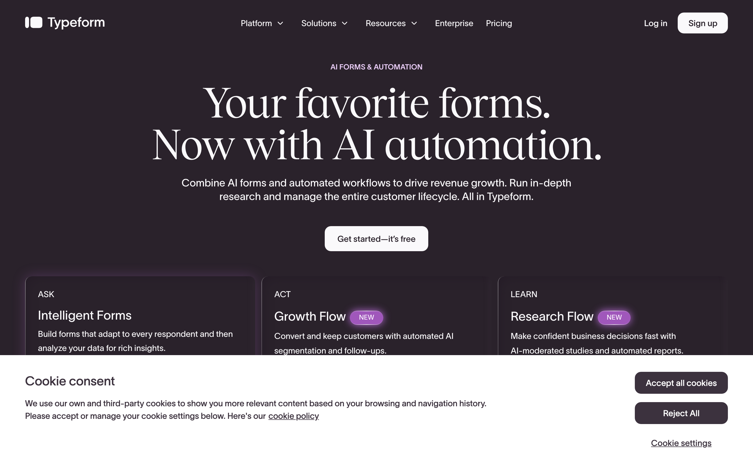 The Typeform landing page, known for polished, conversational, one-question-at-a-time forms.